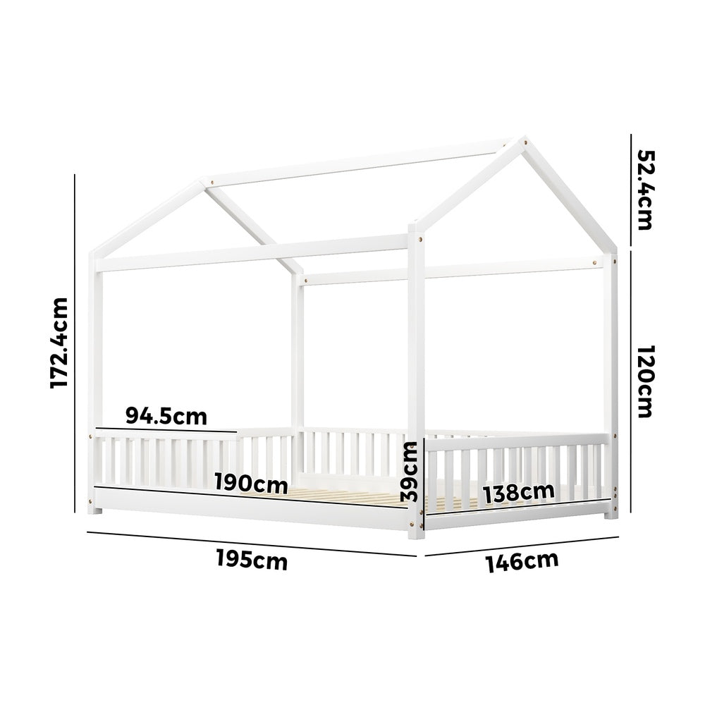 Oikiture Kids Wooden Bed Frame House Beds Platform Double White Timber Pine-Wooden Bed Frames-PEROZ Accessories