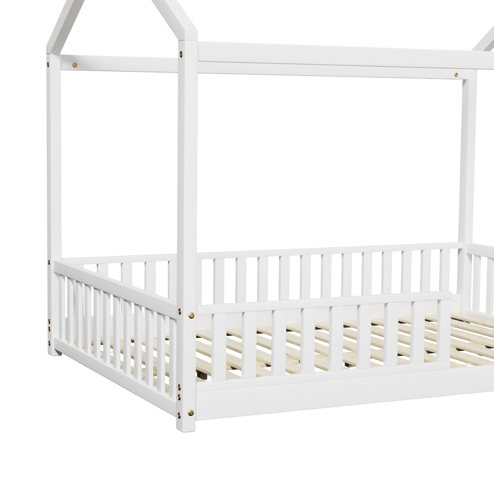 Oikiture Kids Wooden Bed Frame House Beds Platform Double White Timber Pine-Wooden Bed Frames-PEROZ Accessories