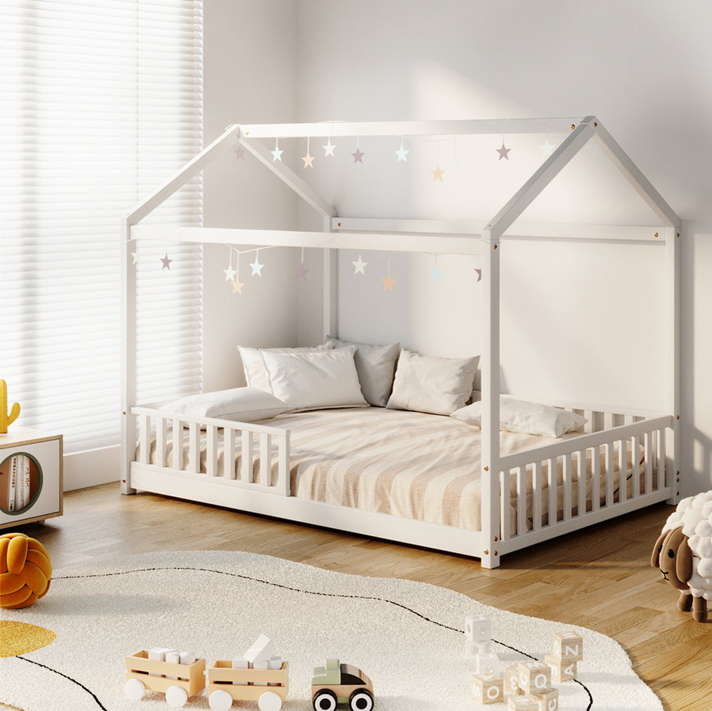 Oikiture Kids Wooden Bed Frame House Beds Platform Double White Timber Pine-Wooden Bed Frames-PEROZ Accessories