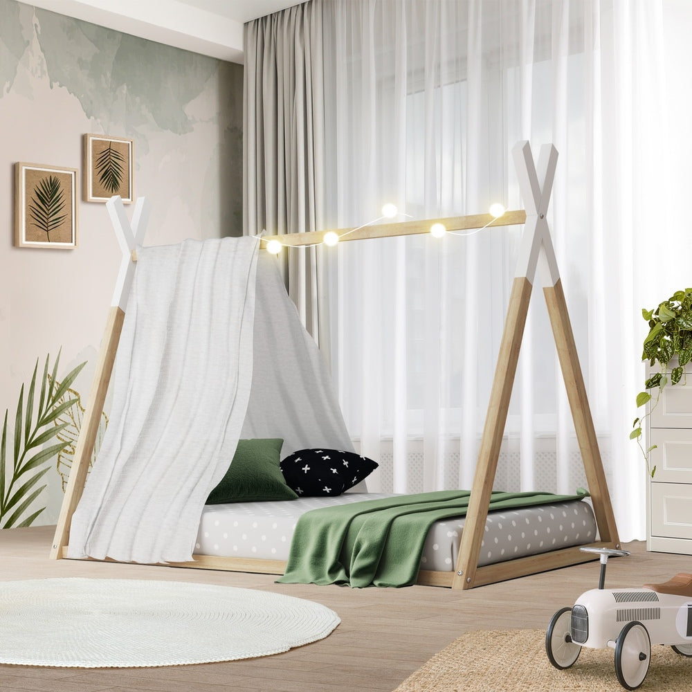 Oikiture Wooden Bed Frame Single Timber Teepee House Mattress Base Platform-Bed Frames-PEROZ Accessories