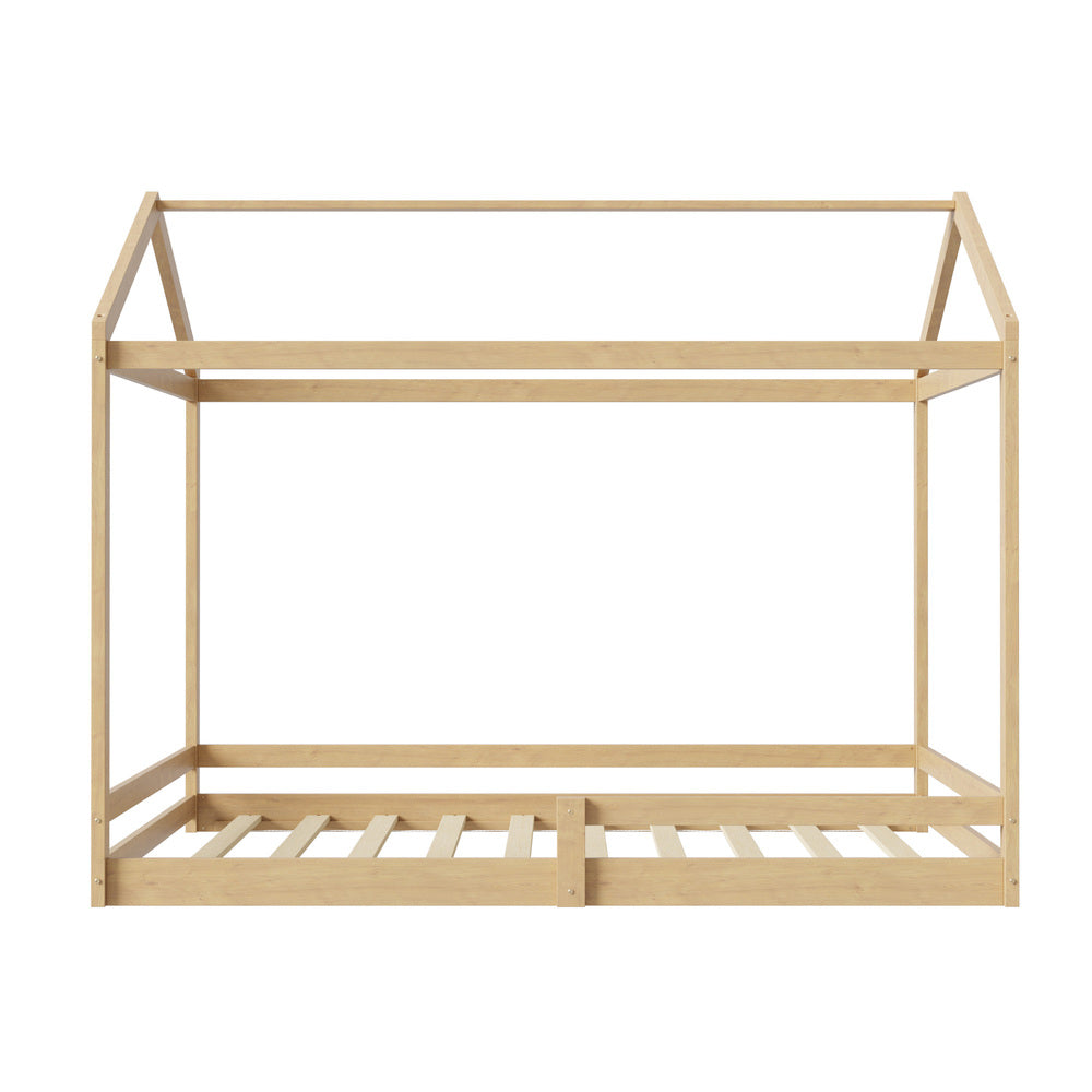 Oikiture Double Kids Wooden Bed Frame House Beds with Fence Natural-Wooden Bed Frame-PEROZ Accessories