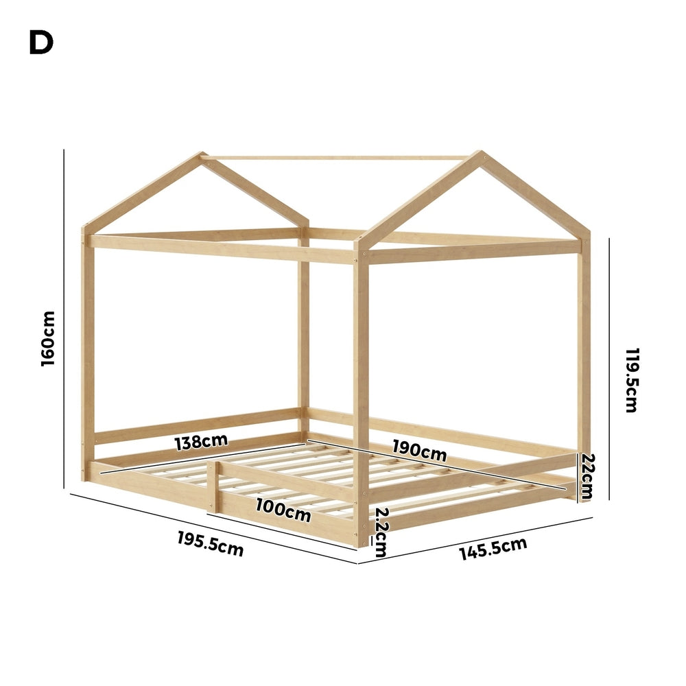 Oikiture Double Kids Wooden Bed Frame House Beds with Fence Natural-Wooden Bed Frame-PEROZ Accessories