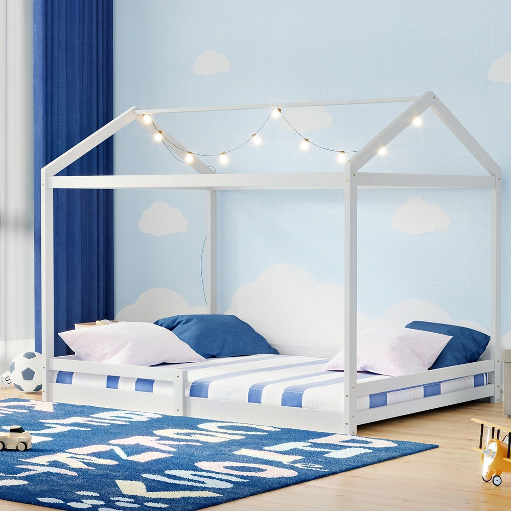 Oikiture Kids Wooden Bed Frame House Base with Fence Double White-Wooden Bed Frames-PEROZ Accessories