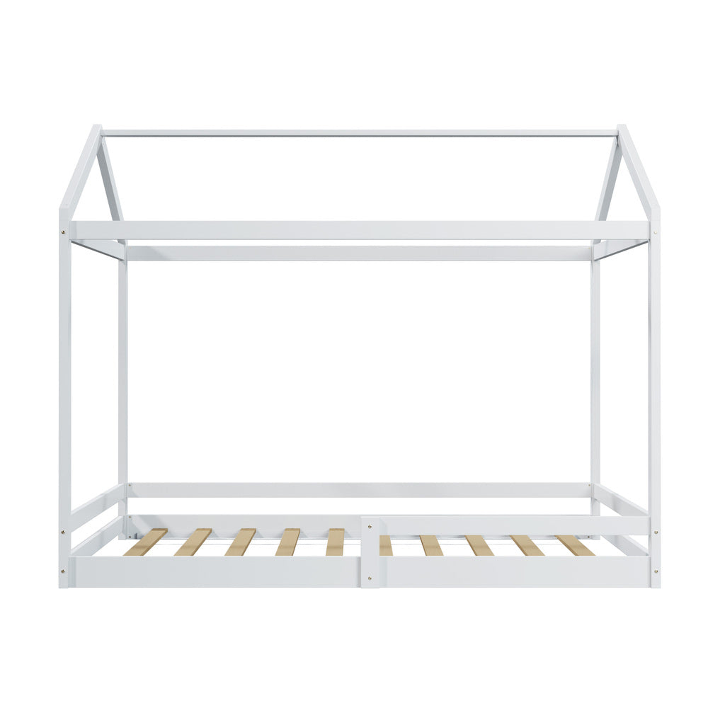 Oikiture Kids Wooden Bed Frame House Base with Fence Double White-Wooden Bed Frames-PEROZ Accessories