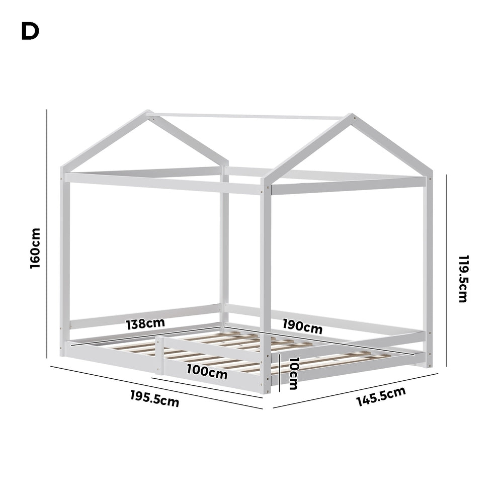 Oikiture Kids Wooden Bed Frame House Base with Fence Double White-Wooden Bed Frames-PEROZ Accessories