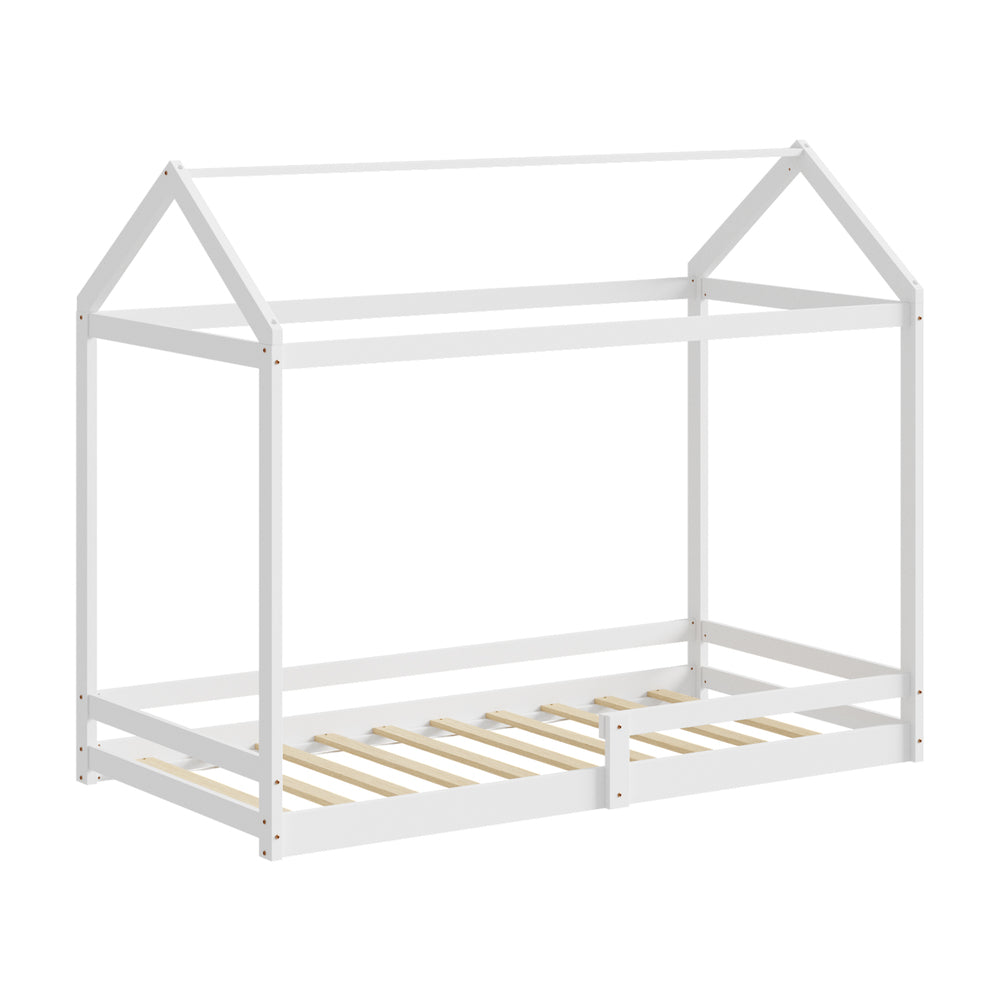Oikiture Kids Wooden Bed Frame House Frame Timber with Fence Single White-Wooden Bed Frames-PEROZ Accessories