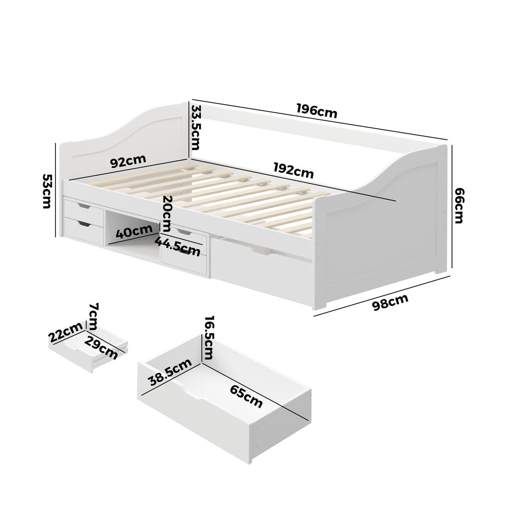 Oikiture Single Kids Bed Frame with Trundle Storage Drawers Timber White-Wooden Bed Frame-PEROZ Accessories