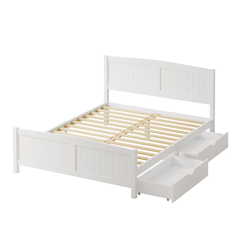 Oikiture Wooden Bed Frame Queen Size with Trundle Drawers White-Wooden Bed Frames-PEROZ Accessories