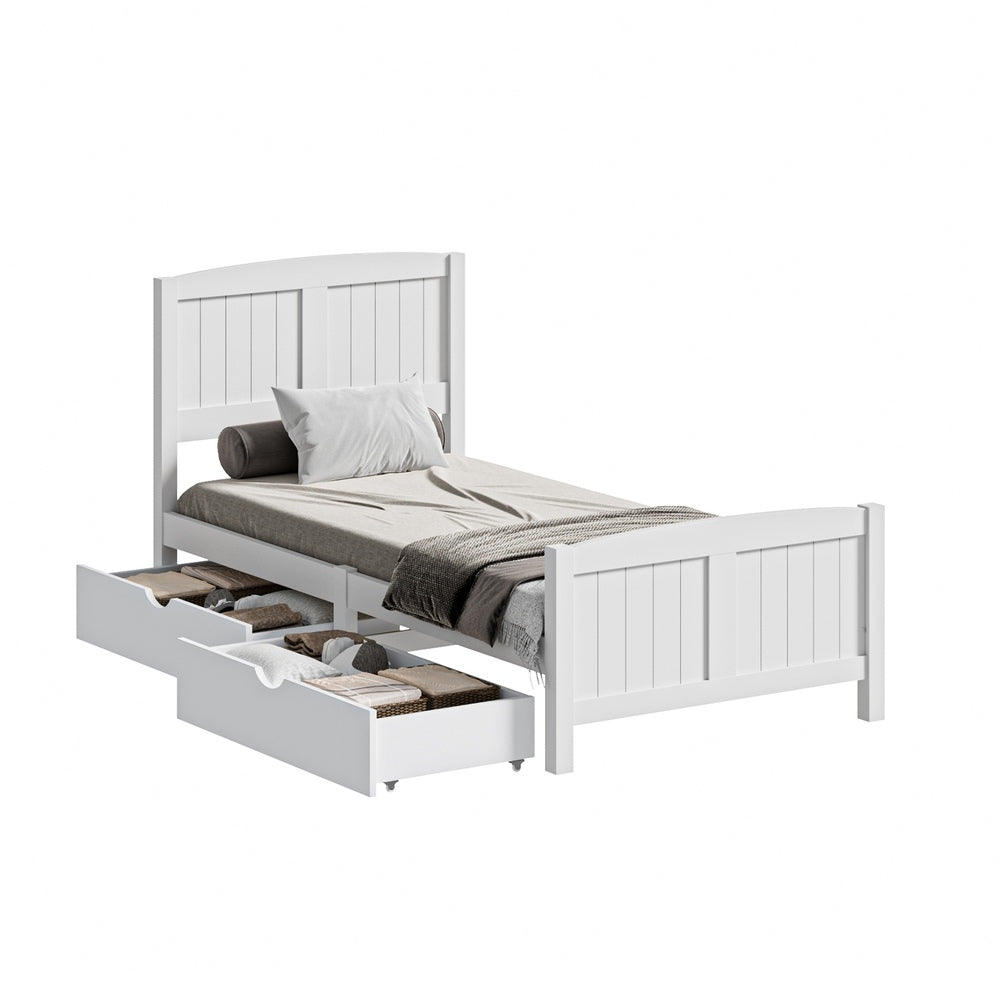 Oikiture Wooden Bed Frame Single Size with Trundle Drawers White-Wooden Bed Frame-PEROZ Accessories