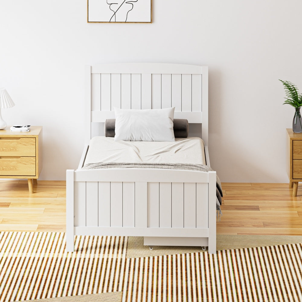 Oikiture Wooden Bed Frame Single Size with Trundle Drawers White-Wooden Bed Frame-PEROZ Accessories