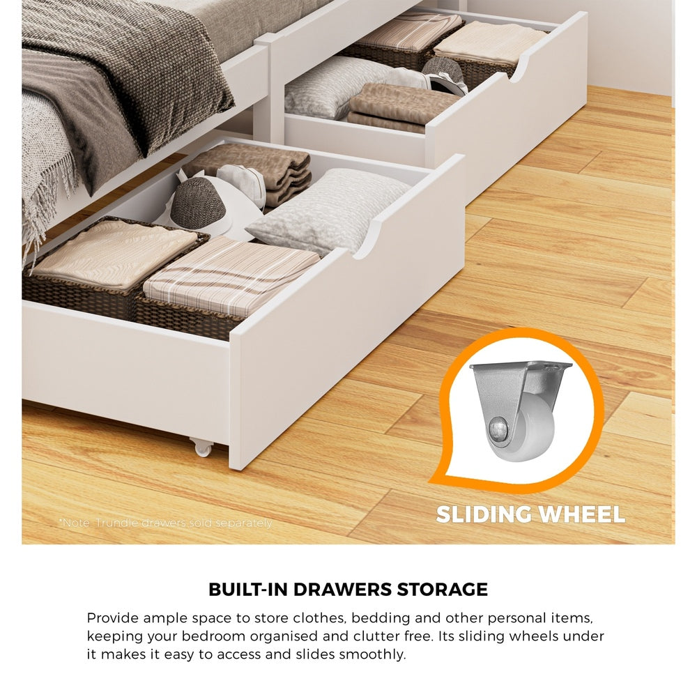 Oikiture Wooden Bed Frame Single Size with Trundle Drawers White-Wooden Bed Frame-PEROZ Accessories