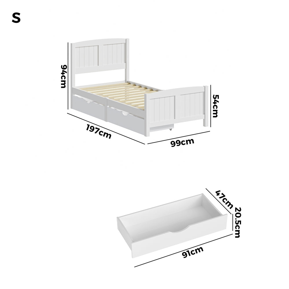 Oikiture Wooden Bed Frame Single Size with Trundle Drawers White-Wooden Bed Frame-PEROZ Accessories