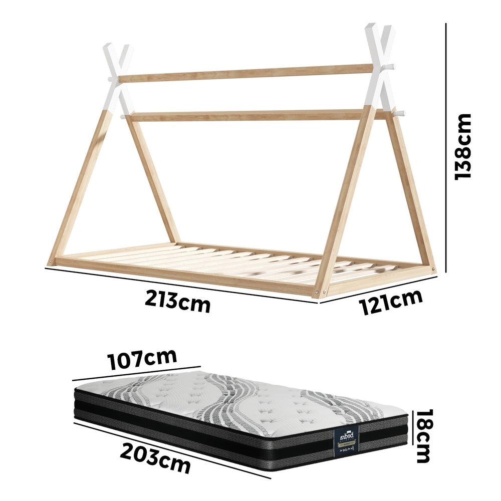Oikiture King Single Kids Bed Frame Mattress Set Wooden Teepee House Beds-Wooden Bed Frame-PEROZ Accessories