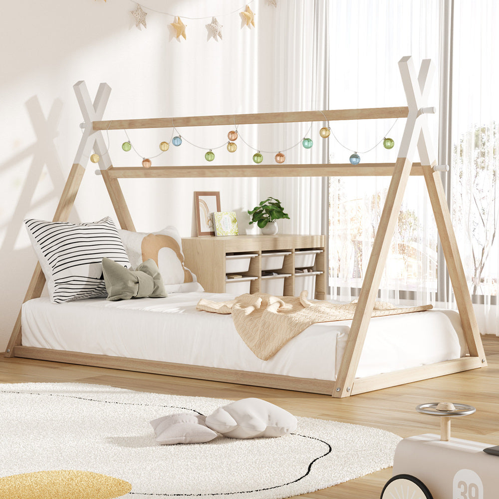 Oikiture Kids Bed Frame Wooden Timber King Single Teepee House Frame Beds-Wooden Bed Frames-PEROZ Accessories