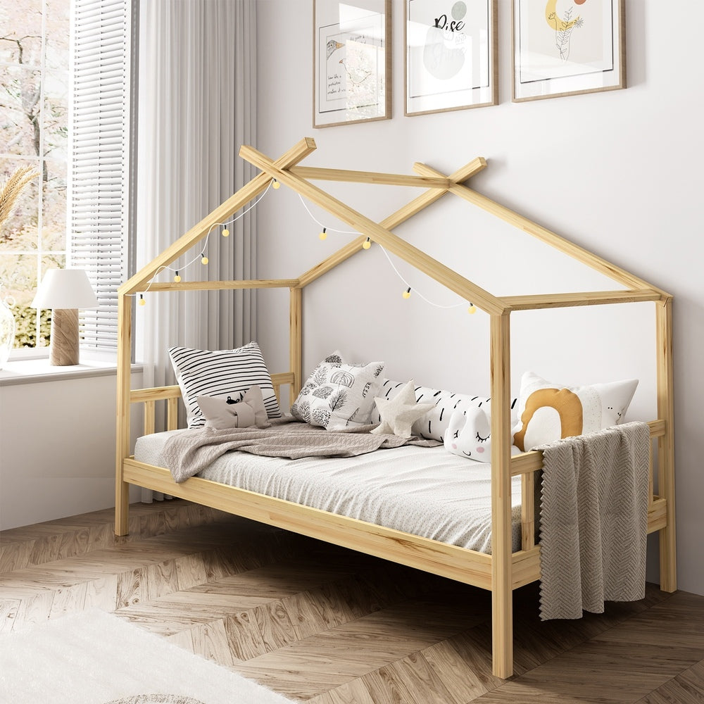 Oikiture Bed Frame Wooden Kids Single Timber House Beds-Wooden Bed Frames-PEROZ Accessories
