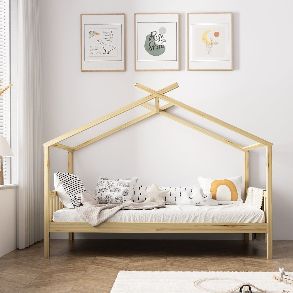 Oikiture Bed Frame Wooden Kids Single Timber House Beds-Wooden Bed Frames-PEROZ Accessories