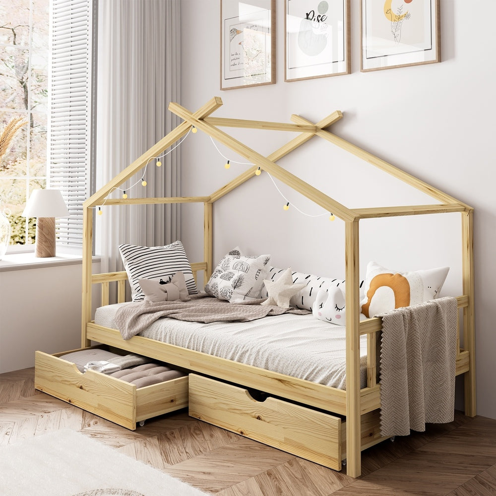 Oikiture House Bed Frame Wooden Single Size with Drawers-Wooden Bed Frames-PEROZ Accessories