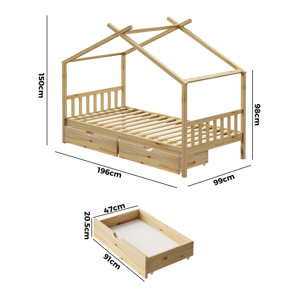Oikiture House Bed Frame Wooden Single Size with Drawers-Wooden Bed Frames-PEROZ Accessories