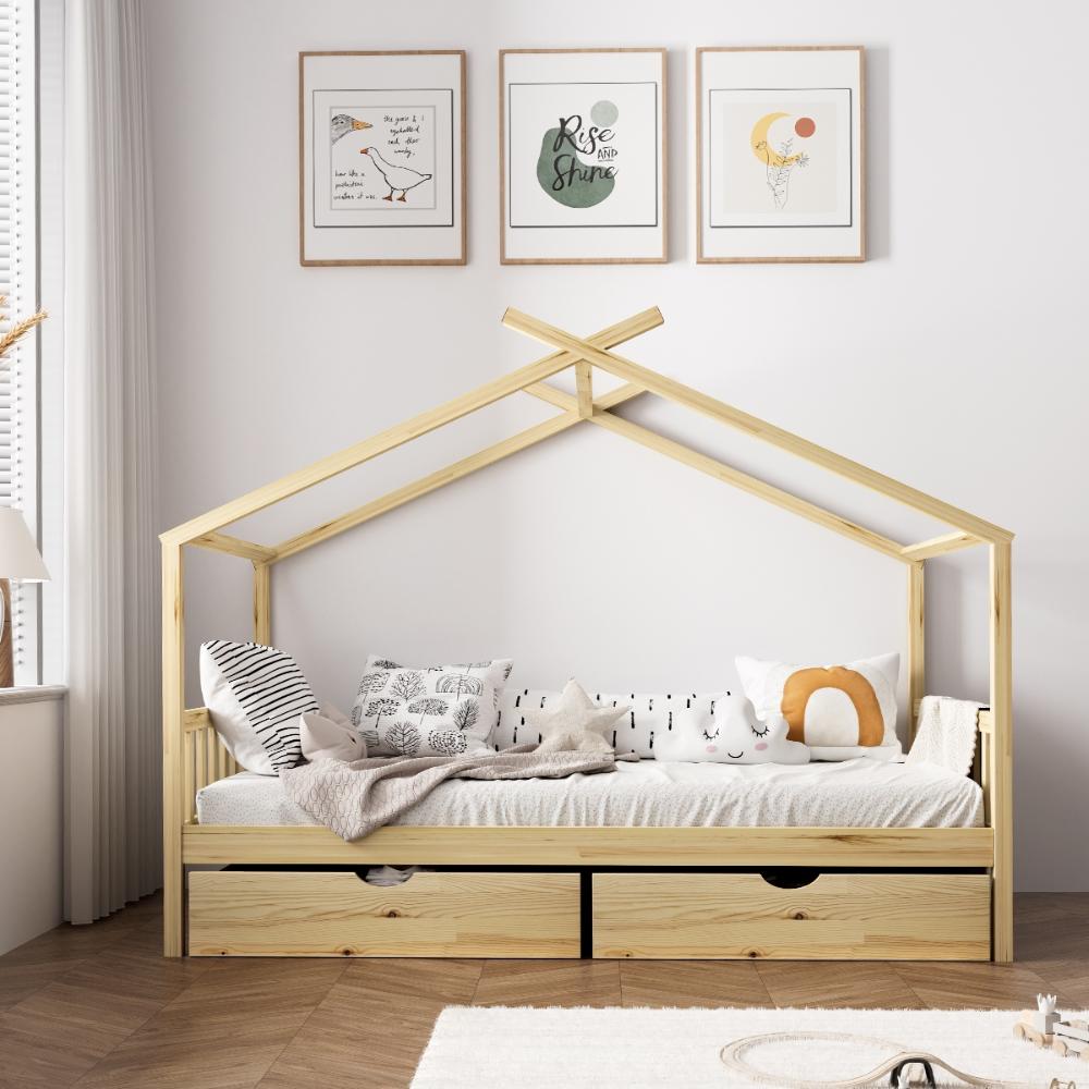 Oikiture House Bed Frame Wooden Single Size with Drawers-Wooden Bed Frames-PEROZ Accessories