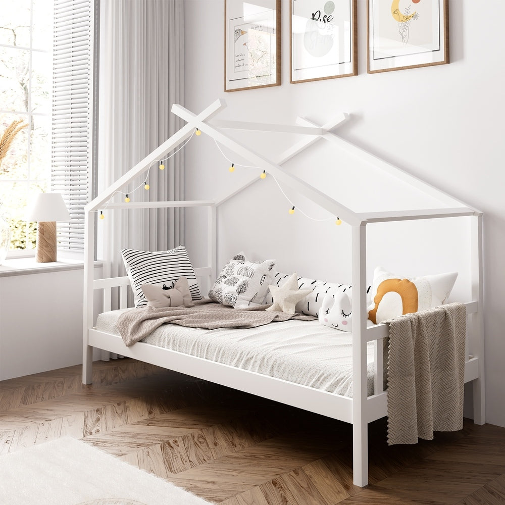 Oikiture Bed Frame Wooden Kids Single Timber House Beds White-Wooden Bed Frames-PEROZ Accessories