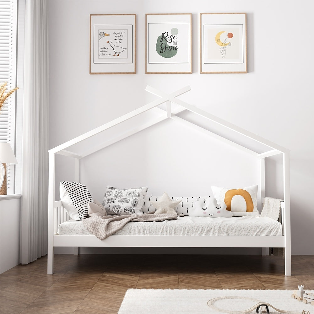 Oikiture Bed Frame Wooden Kids Single Timber House Beds White-Wooden Bed Frames-PEROZ Accessories