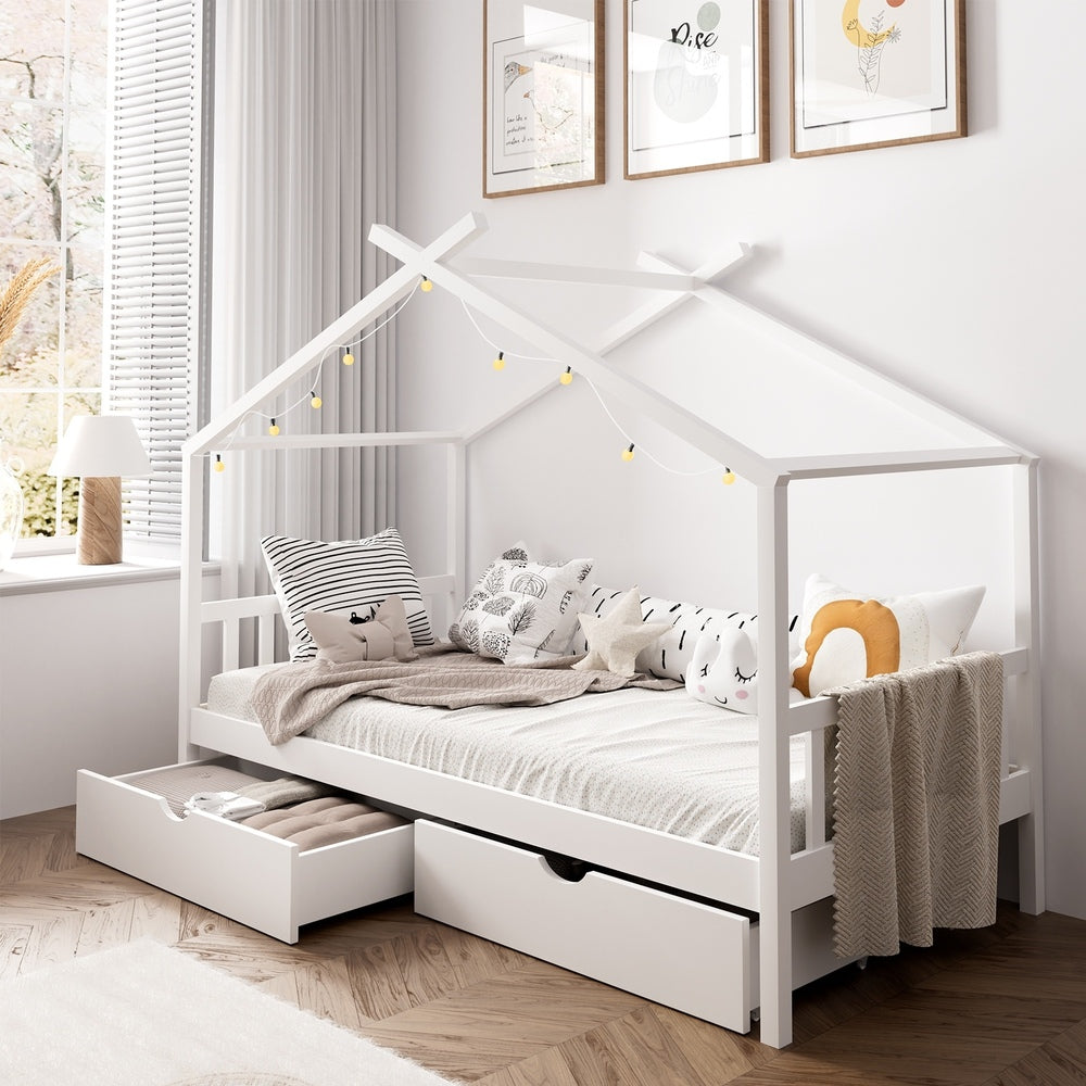 Oikiture Bed Frame Wooden Single House Frame with Drawers White-Wooden Bed Frames-PEROZ Accessories