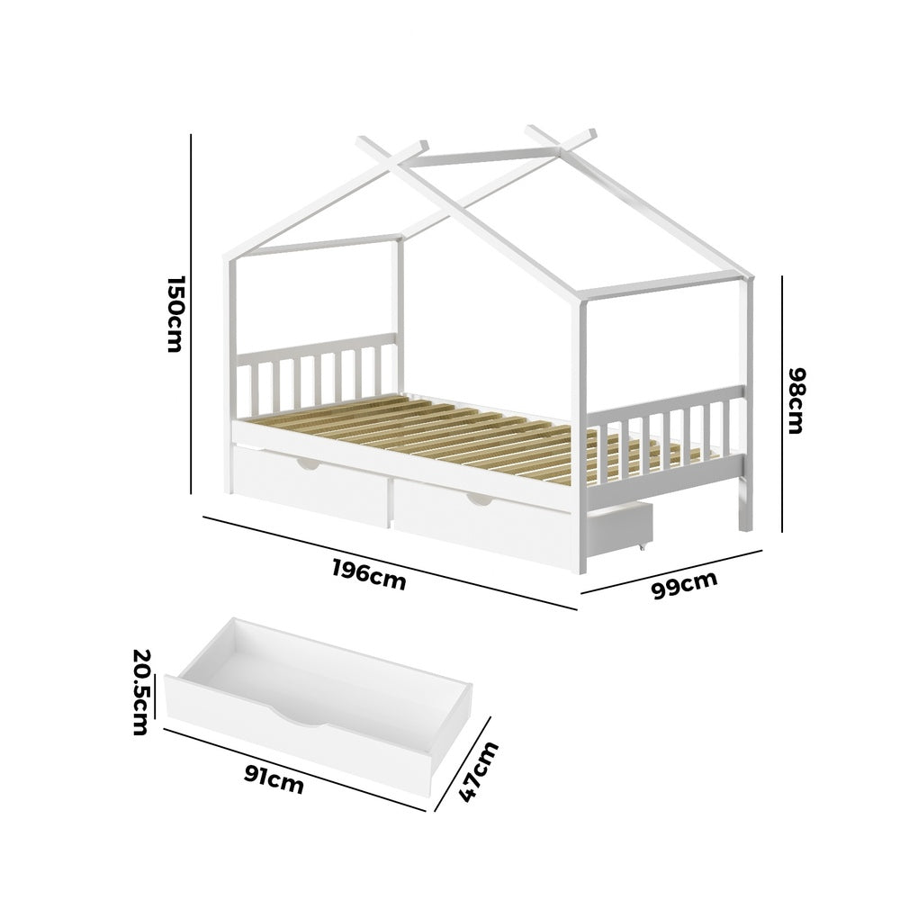 Oikiture Bed Frame Wooden Single House Frame with Drawers White-Wooden Bed Frames-PEROZ Accessories