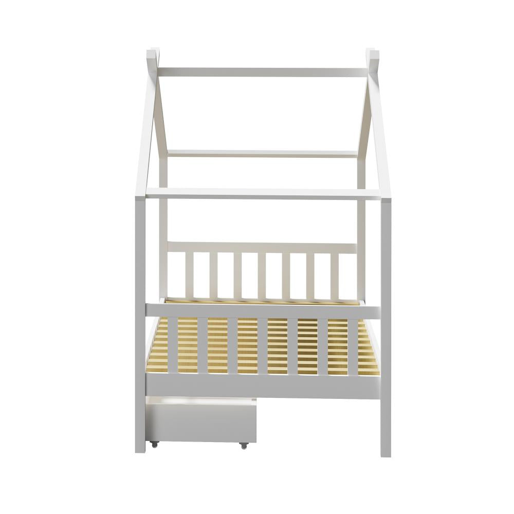Oikiture Bed Frame Wooden Single House Frame with Drawers White-Wooden Bed Frames-PEROZ Accessories