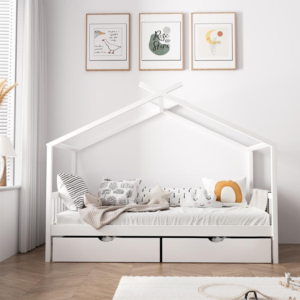 Oikiture Bed Frame Wooden Single House Frame with Drawers White-Wooden Bed Frames-PEROZ Accessories