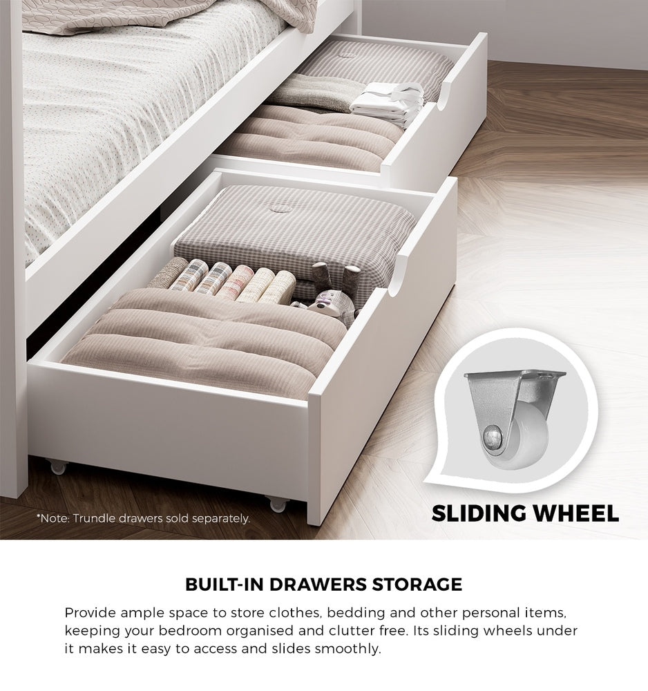 Oikiture Bed Frame Wooden Single House Frame with Drawers White-Wooden Bed Frames-PEROZ Accessories