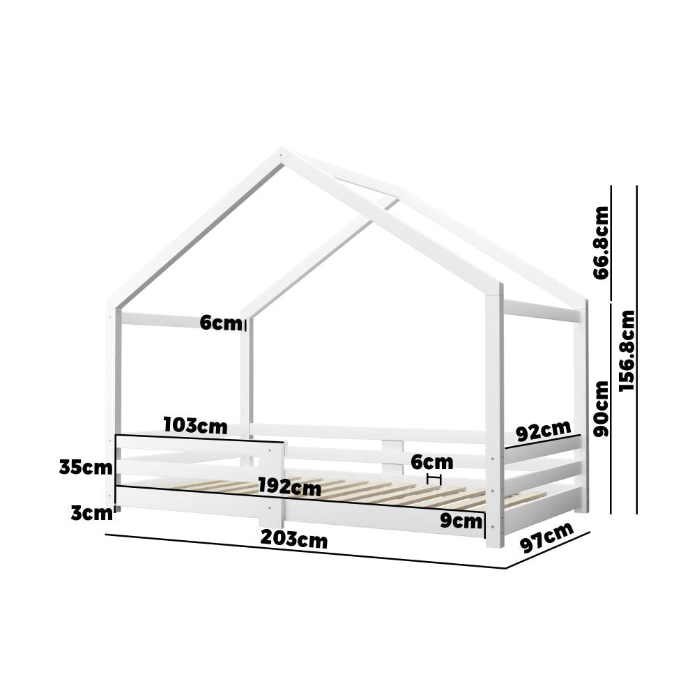 Oikiture Single Bed Frame Wooden Base Kids House Bedframe Mattress Base Timber Platform White-Wooden Bed Framess-PEROZ Accessories