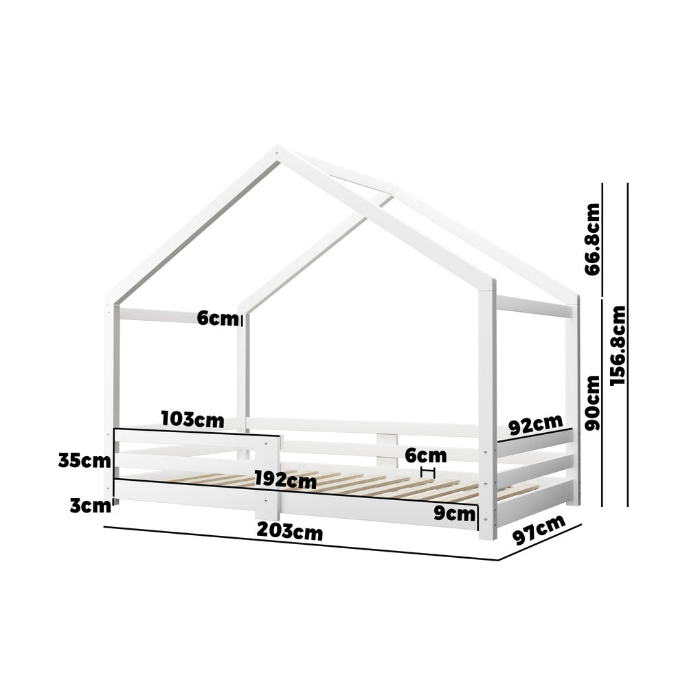 Oikiture Single Bed Frame Wooden Base Kids House Bedframe Mattress Base Timber Platform White-Wooden Bed Frames-PEROZ Accessories