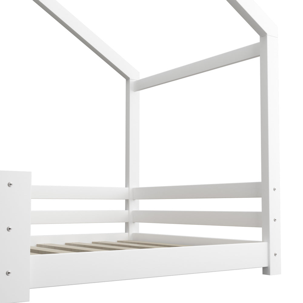Oikiture Single Bed Frame Wooden Base Kids House Bedframe Mattress Base Timber Platform White-Wooden Bed Frames-PEROZ Accessories