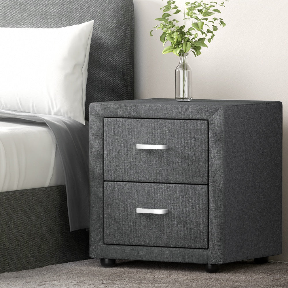 Artiss 2X Bedside Table 2 Drawers Side Table Fabric - CADEN Grey-Furniture > Bedroom > Bedside Tables-PEROZ Accessories