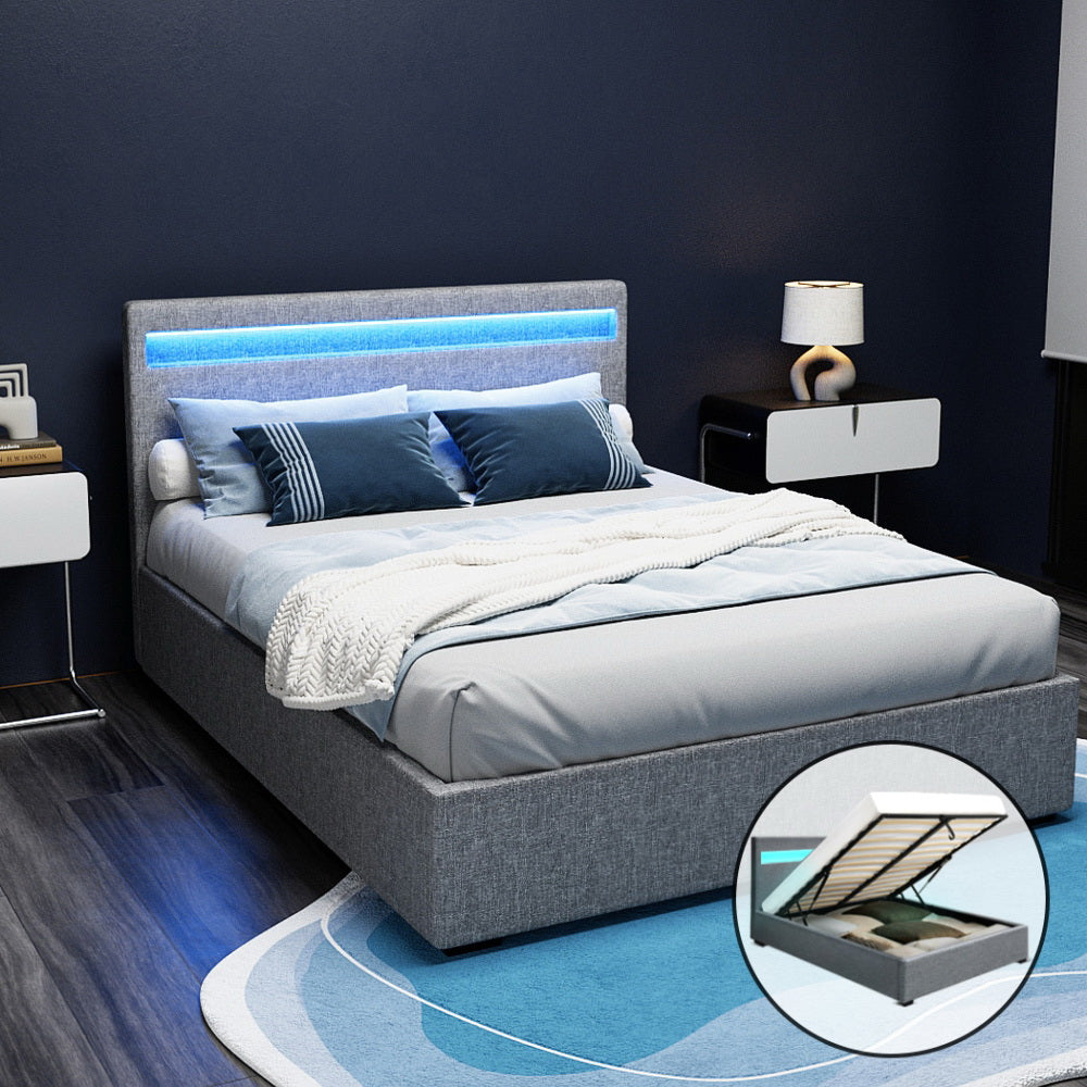 Artiss Bed Frame Double Size Gas Lift RGB LED Bedbase Grey Cole-Bed Frames-PEROZ Accessories