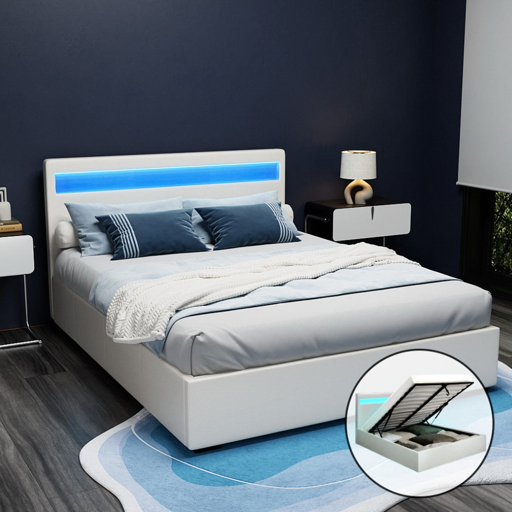 Artiss Cole LED Bed Frame PU Leather Gas Lift Storage - White Queen-Bed Frames-PEROZ Accessories