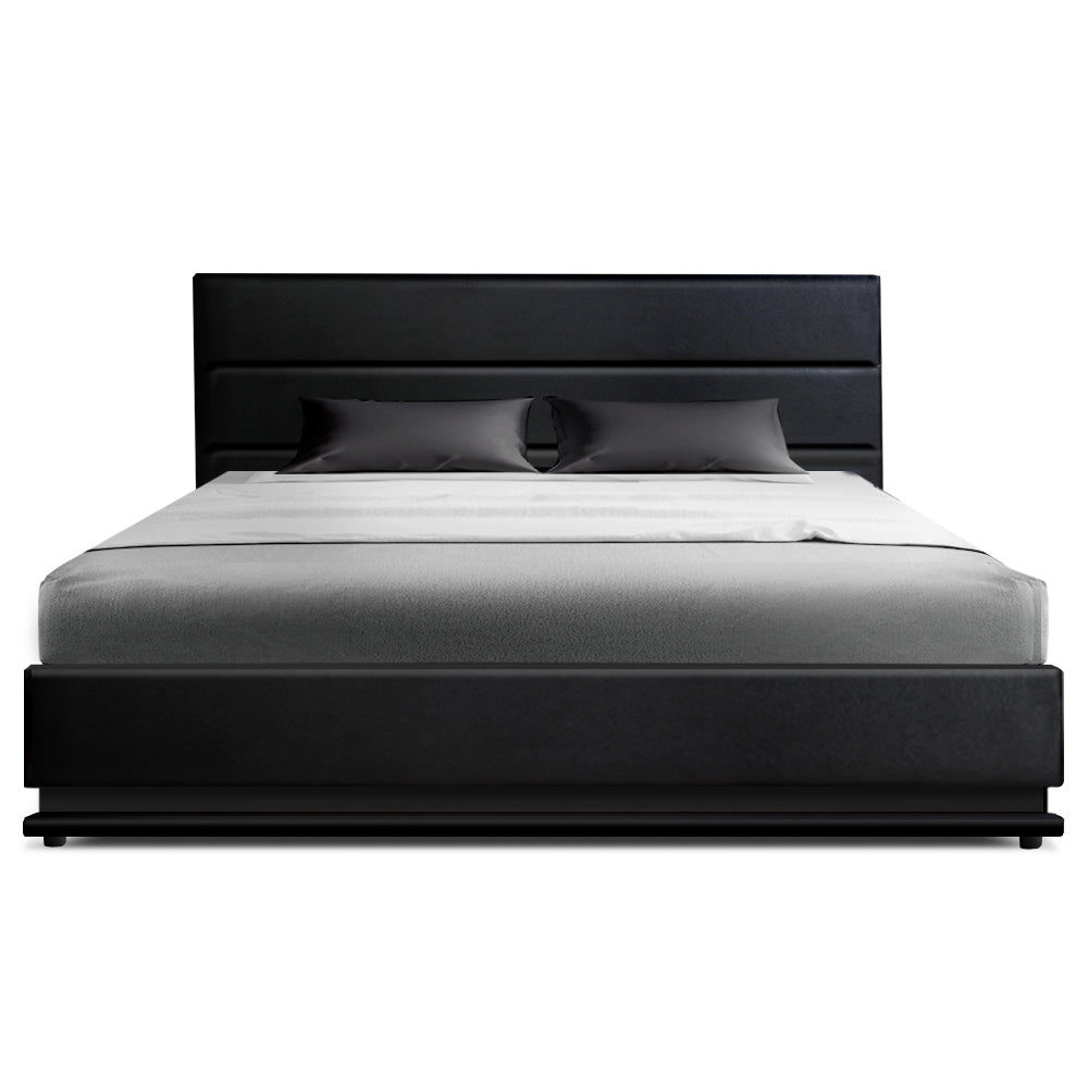 Artiss Lumi LED Bed Frame PU Leather Gas Lift Storage - Black Double-Bed Frames-PEROZ Accessories