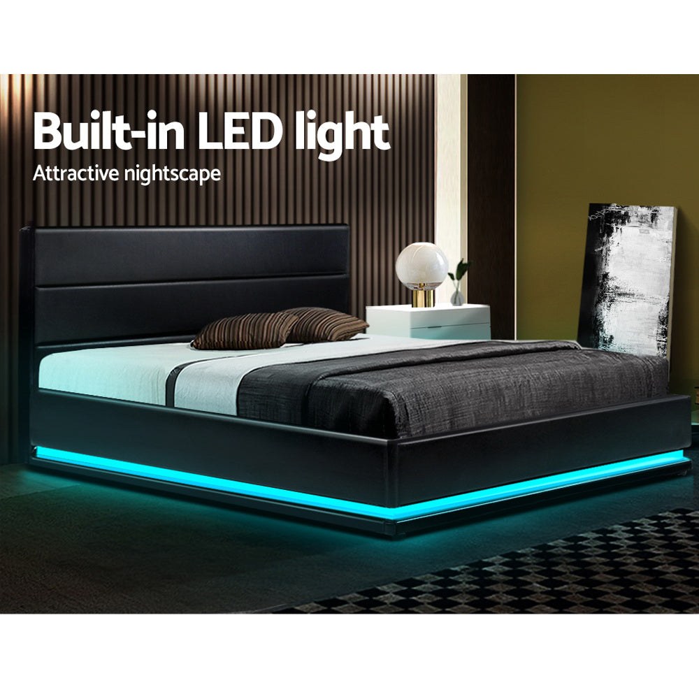 Artiss Lumi LED Bed Frame PU Leather Gas Lift Storage - Black Double-Bed Frames-PEROZ Accessories
