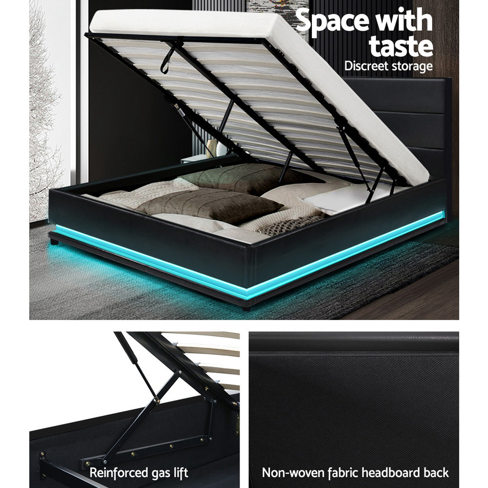 Artiss Lumi LED Bed Frame PU Leather Gas Lift Storage - Black Double-Bed Frames-PEROZ Accessories