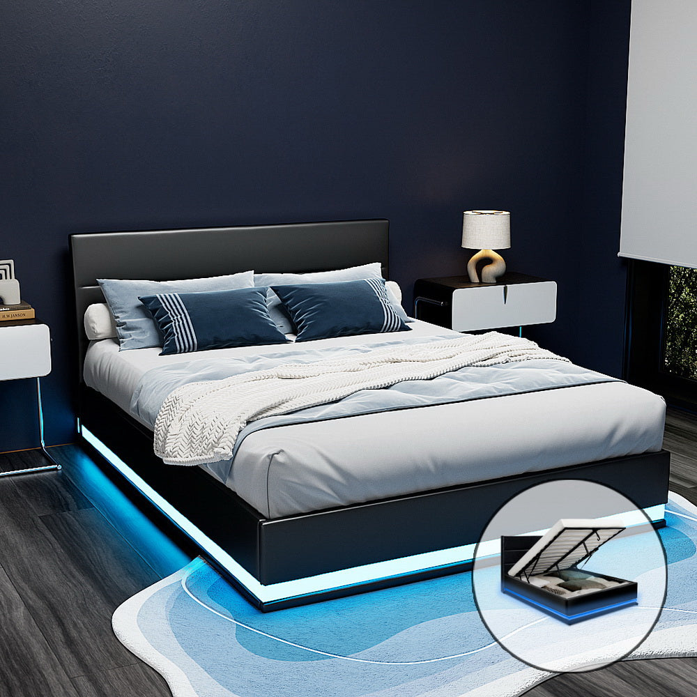 Artiss Lumi LED Bed Frame PU Leather Gas Lift Storage - Black Double-Bed Frames-PEROZ Accessories