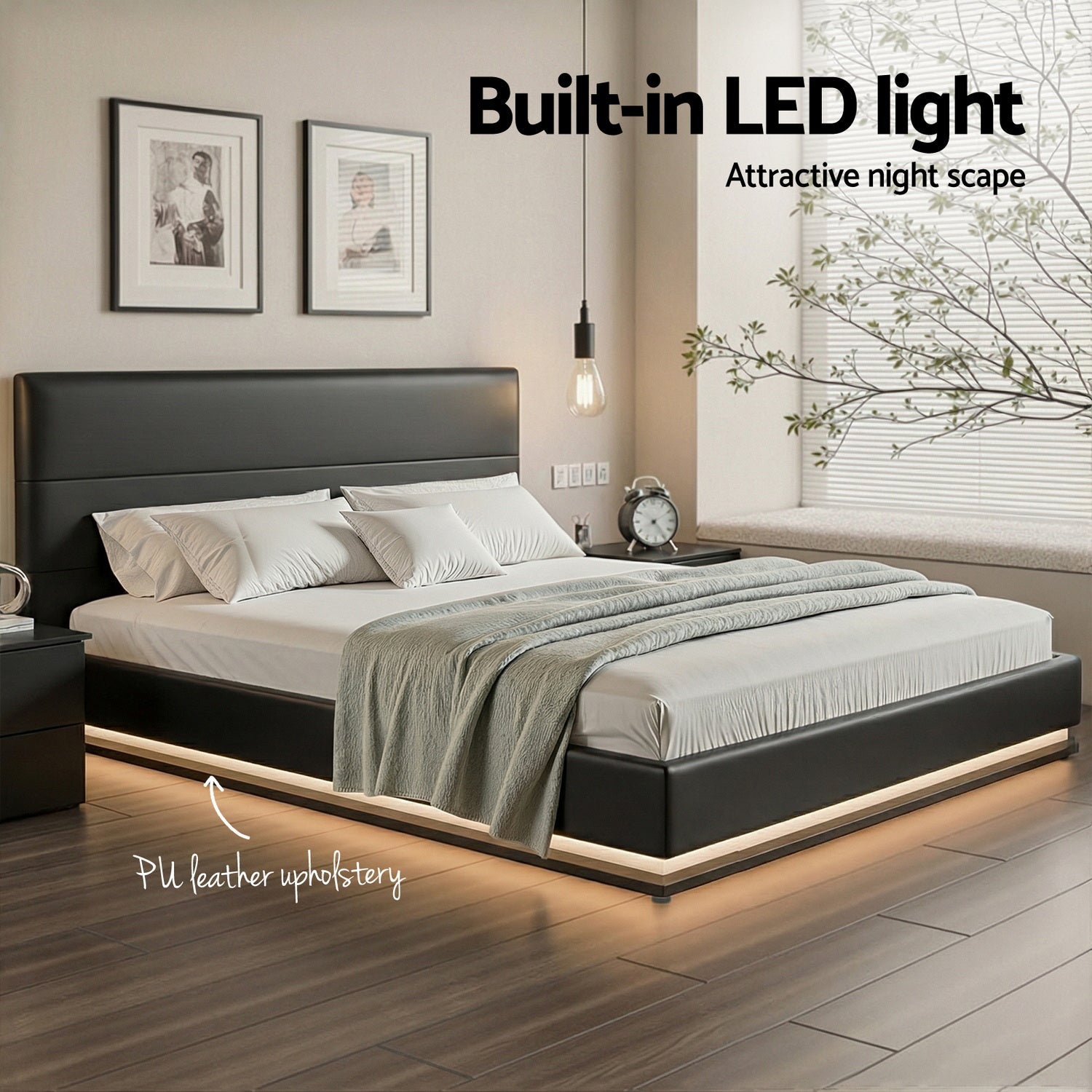 Artiss Lumi LED Bed Frame PU Leather Gas Lift Storage - Black King-Bed Frames-PEROZ Accessories