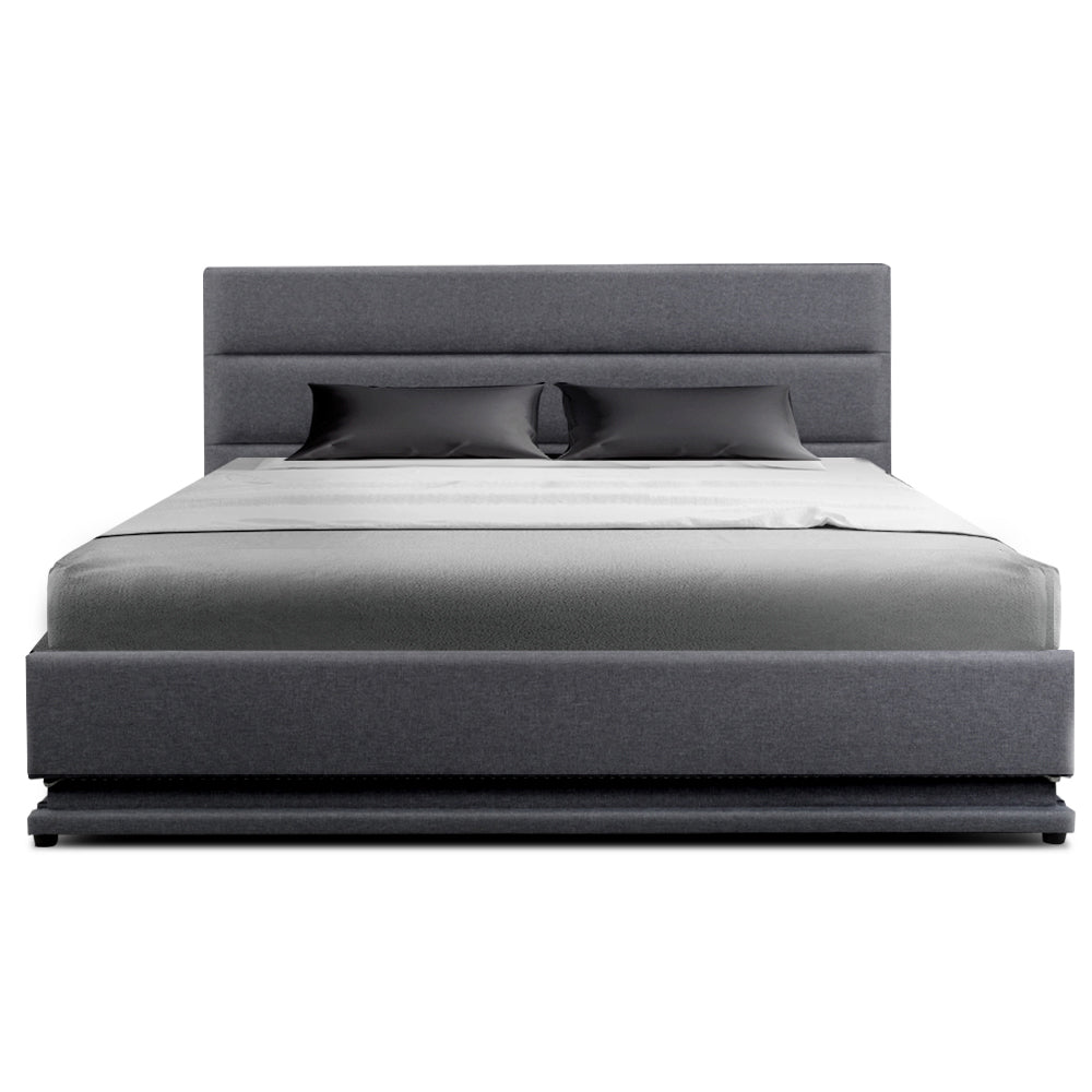 Artiss Lumi LED Bed Frame Fabric Gas Lift Storage - Grey Queen-Bed Frames-PEROZ Accessories