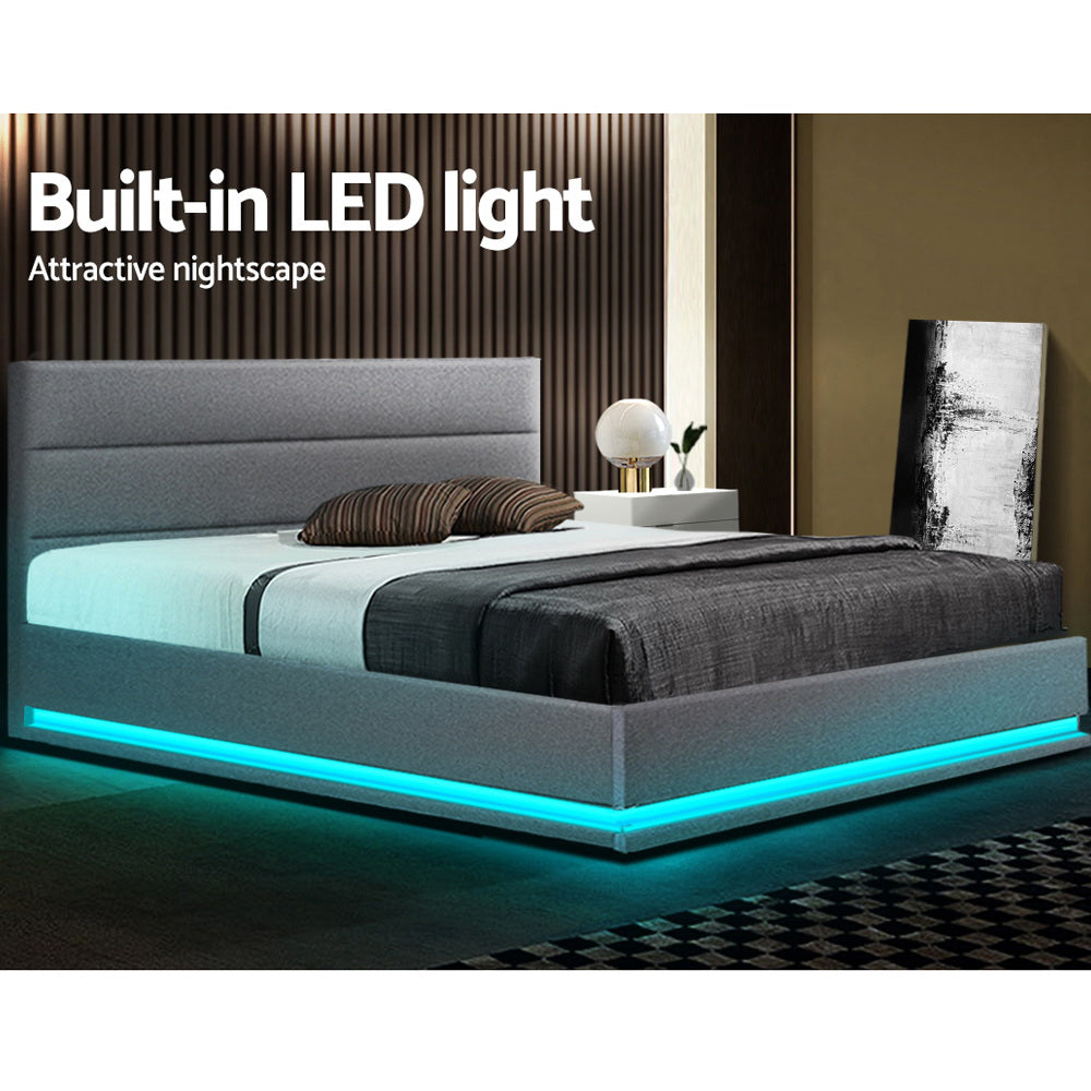 Artiss Lumi LED Bed Frame Fabric Gas Lift Storage - Grey Queen-Bed Frames-PEROZ Accessories