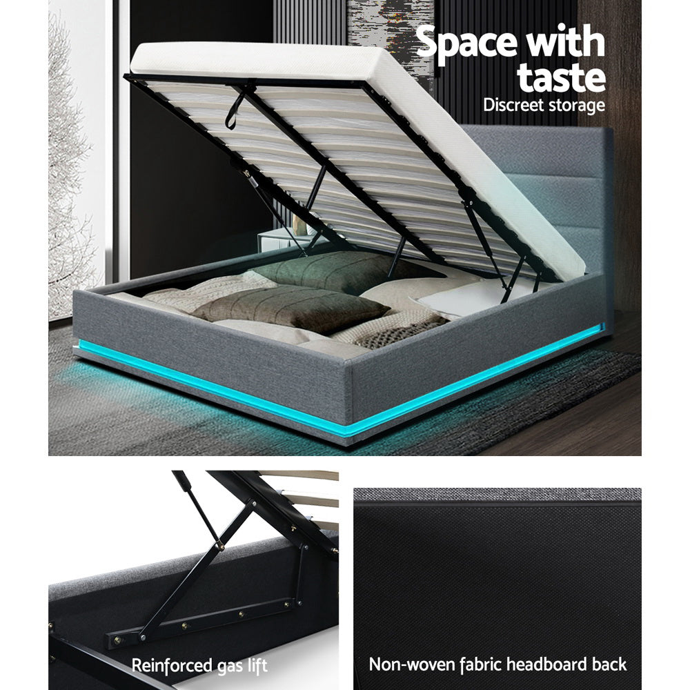Artiss Lumi LED Bed Frame Fabric Gas Lift Storage - Grey Queen-Bed Frames-PEROZ Accessories