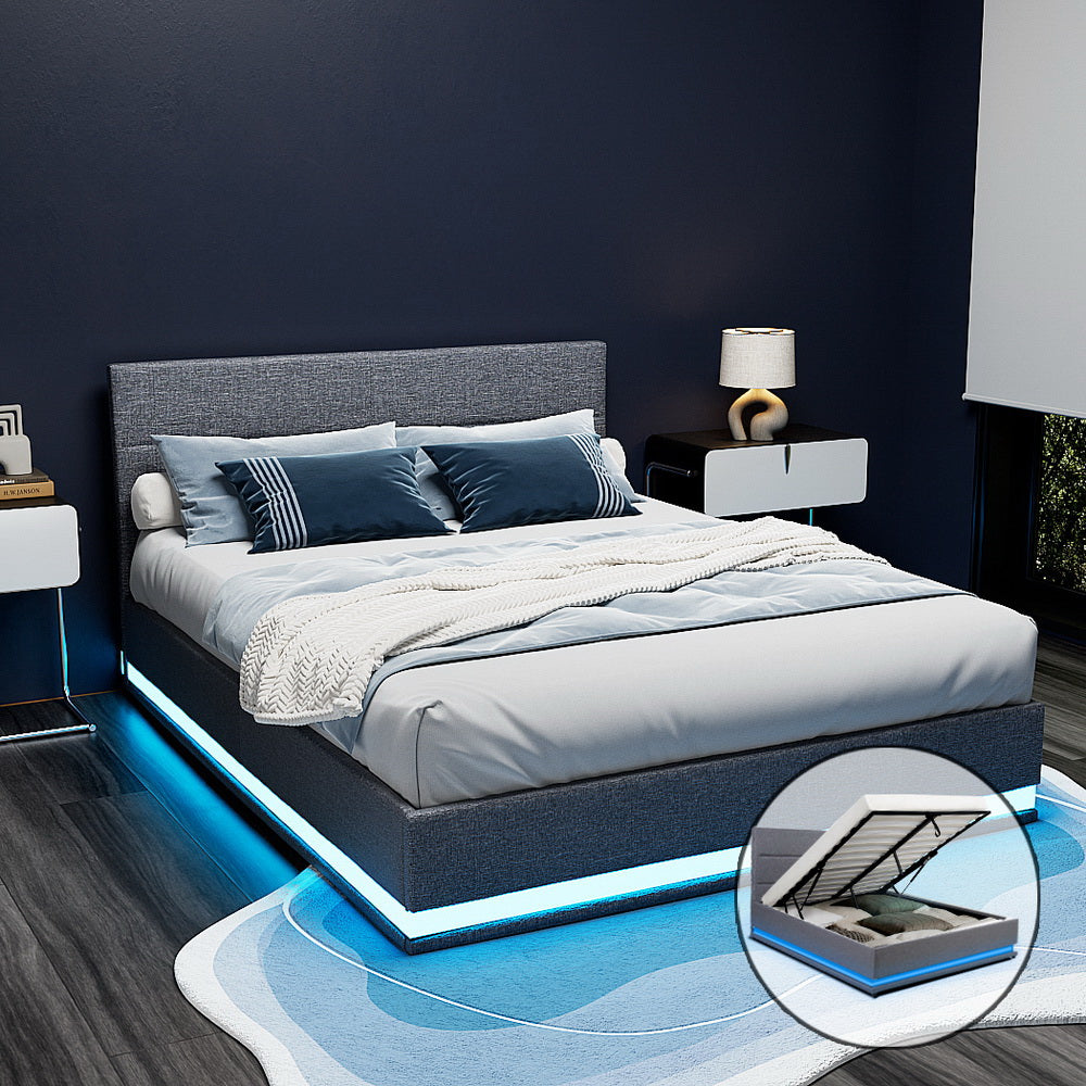 Artiss Lumi LED Bed Frame Fabric Gas Lift Storage - Grey Queen-Bed Frames-PEROZ Accessories