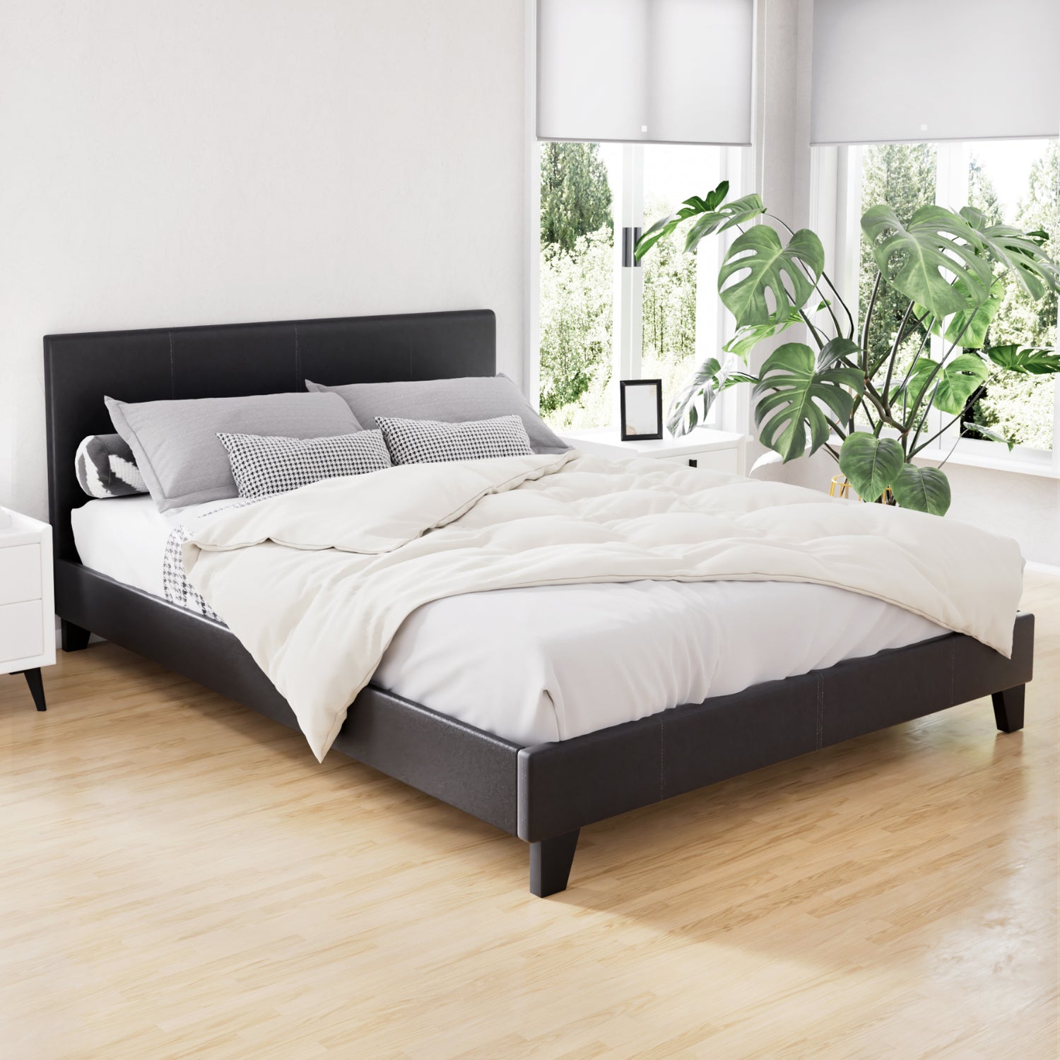 Artiss Bed Frame Double Size Base Mattress Platform Leather Wooden Black NEO-Bed Frames-PEROZ Accessories