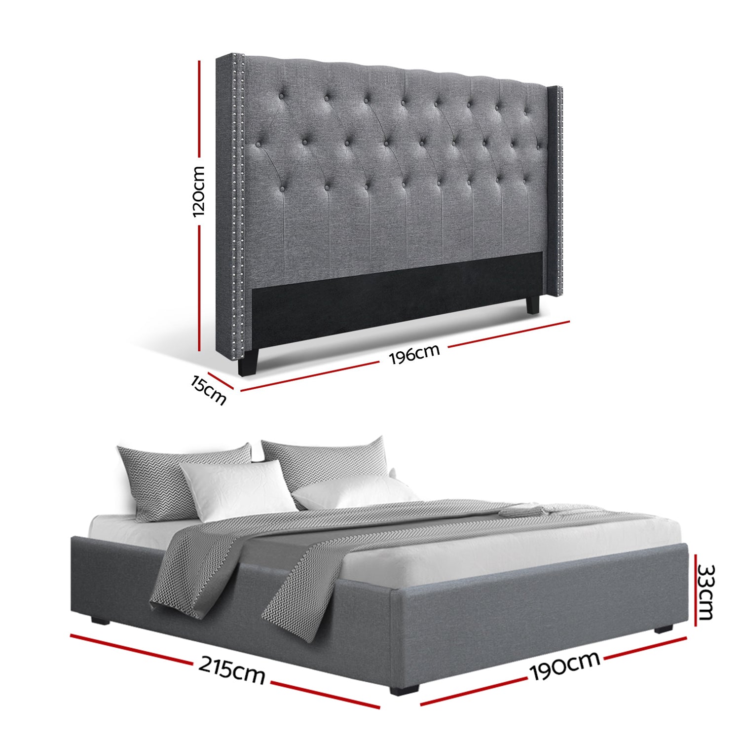Artiss King Bed Frame Storage Tufted Headboard Gas Lift Base Grey-Furniture > Bedroom > Beds & Bed Frames-PEROZ Accessories