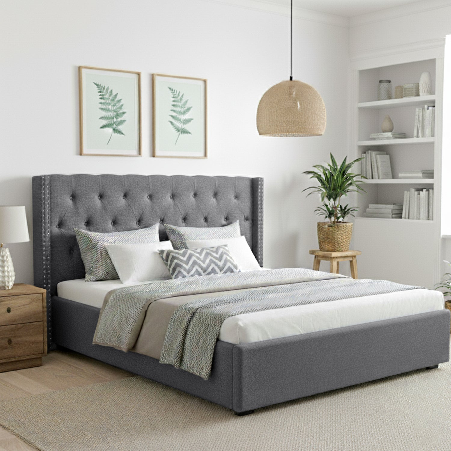 Artiss King Bed Frame Storage Tufted Headboard Gas Lift Base Grey-Furniture > Bedroom > Beds & Bed Frames-PEROZ Accessories