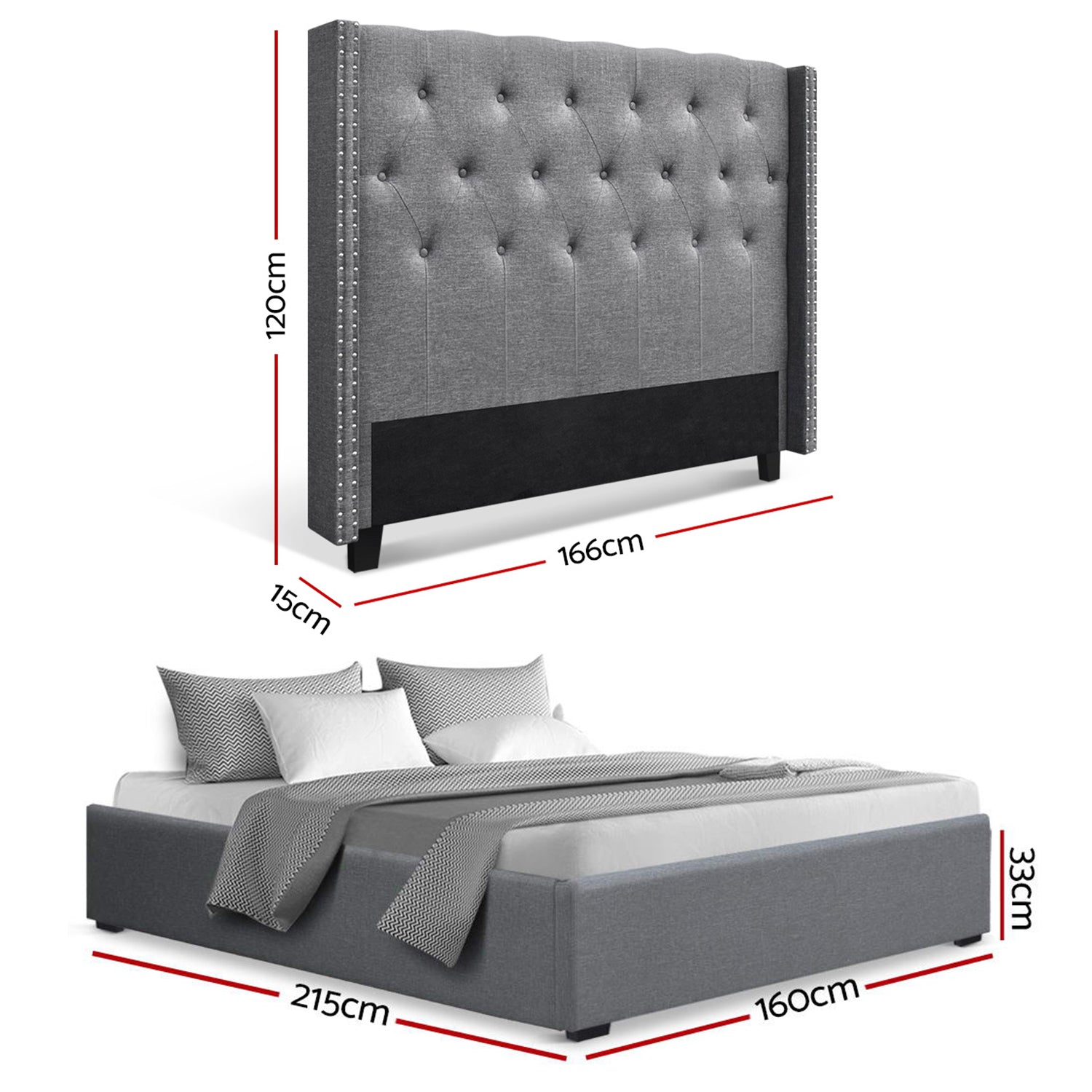 Artiss Queen Bed Frame Storage Tufted Headboard Gas Lift Base Grey-Furniture > Bedroom > Beds & Bed Frames-PEROZ Accessories