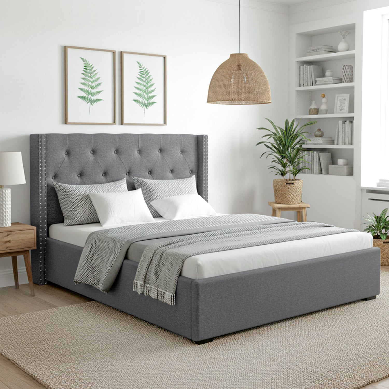Artiss Queen Bed Frame Storage Tufted Headboard Gas Lift Base Grey-Furniture > Bedroom > Beds & Bed Frames-PEROZ Accessories